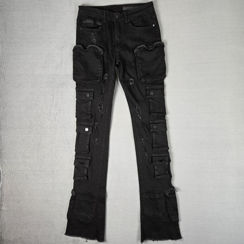 Rockstar Original Mens 30x35 Cargo Black Slim Fit Distressed RSM 205‎ Flare